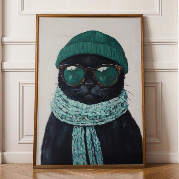 Trendy Black Cat Wall Art Hipster Portrait Quirky Decor Matisse Painting Cool Print