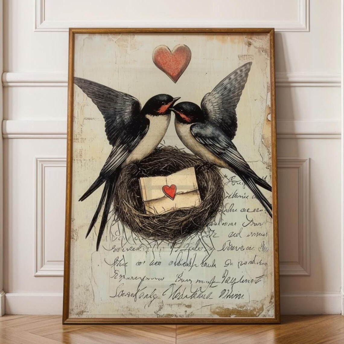 Vintage Swallow Couple Nest Love Letter Antique Bird Art Poster