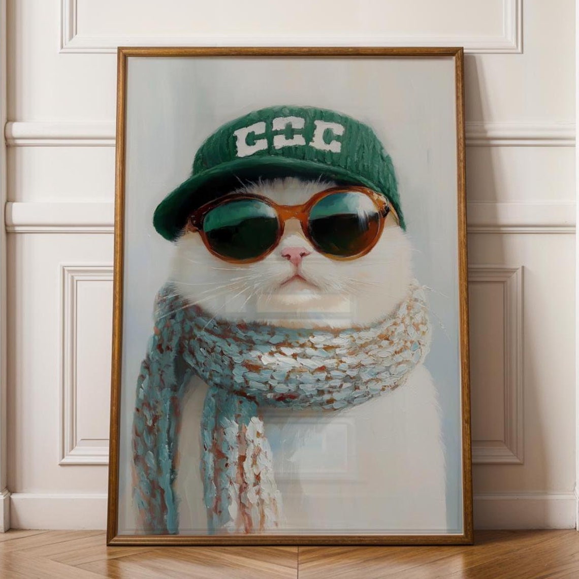 Hipster White Cat With Sunglasses And Beanie Oil Painting Poster