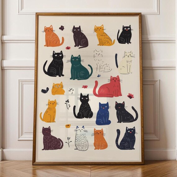 Colorful Cartoon Cat Collection Poster Cute Nursery Kids Room Wall Decor