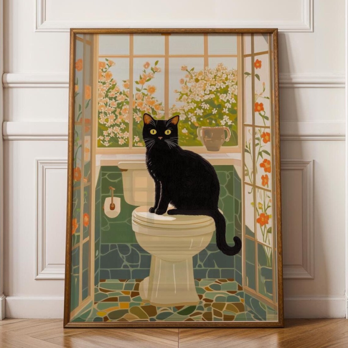 Toilet Cat Funny Animal Poster, Maximalist Bathroom