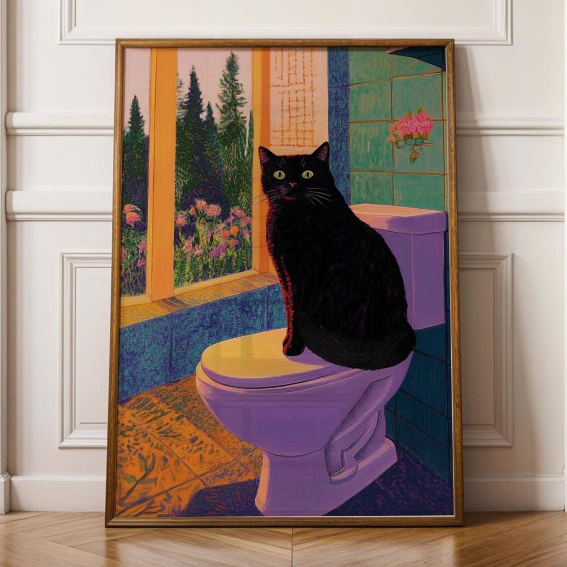 Funny Black Cat Sitting on Toilet Quirky Bathroom Painting Poster
