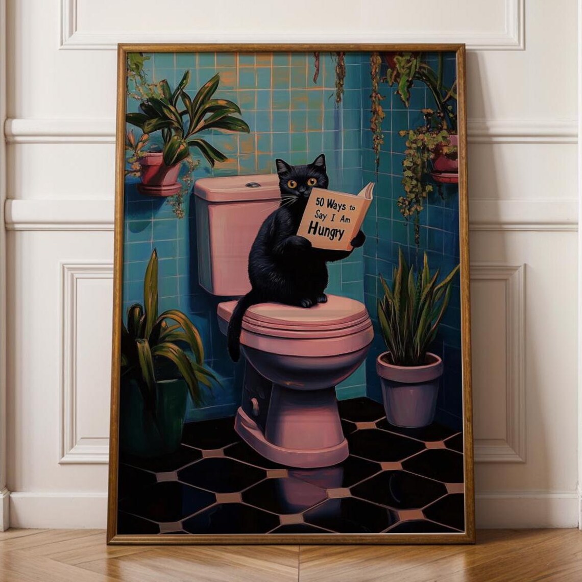 Black Cat On Toilet Funny Poster, Quirky Cat Art