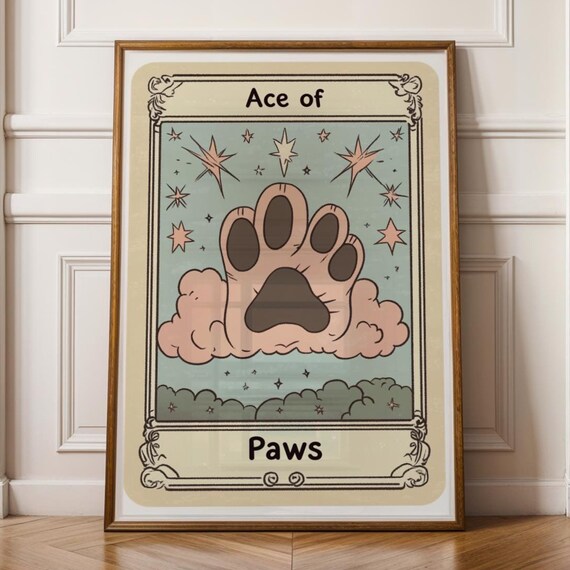 Cute Ace of Paws Tarot Card Celestial Paw Motif Mystical Poster