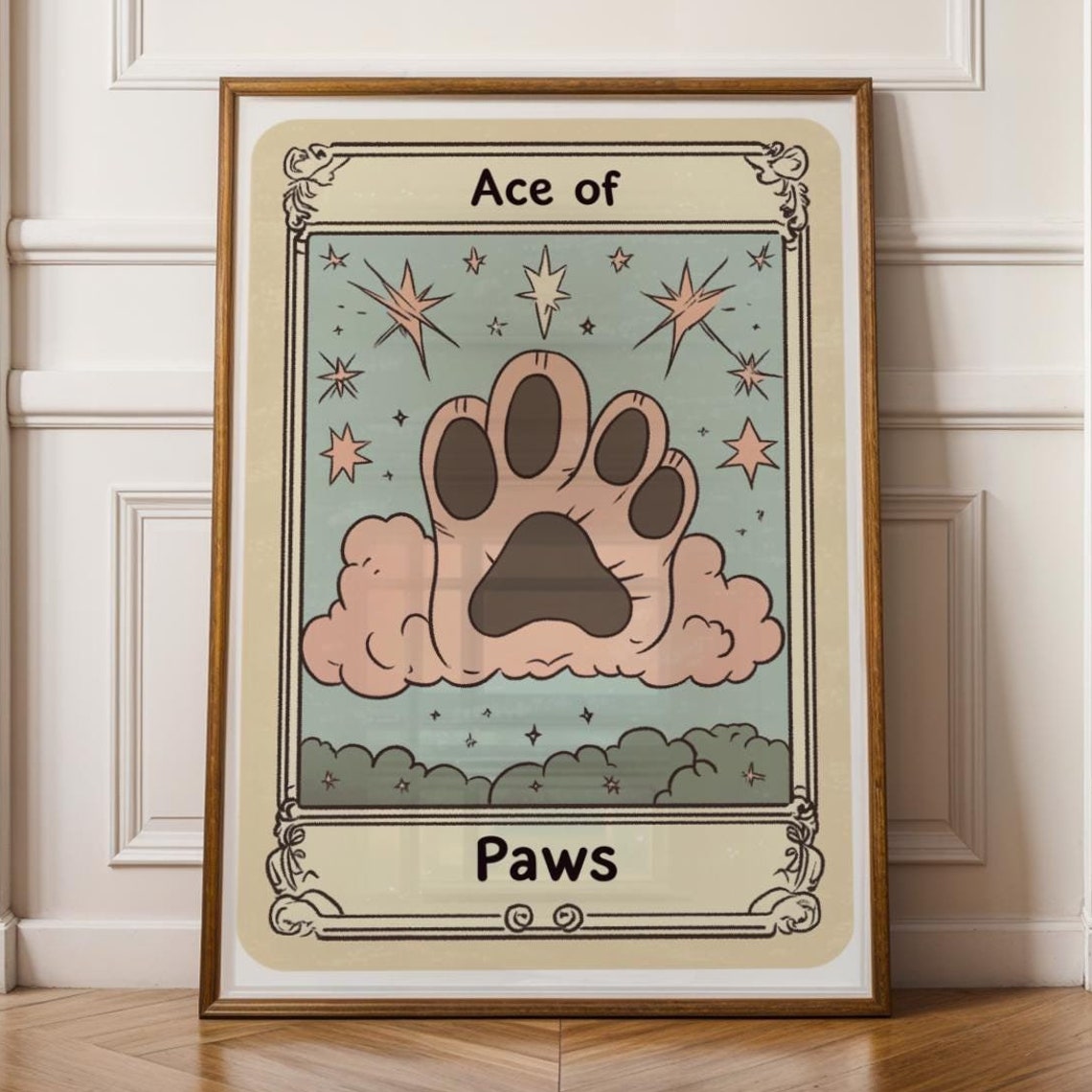 Cute Ace of Paws Tarot Card Celestial Paw Motif Mystical Poster