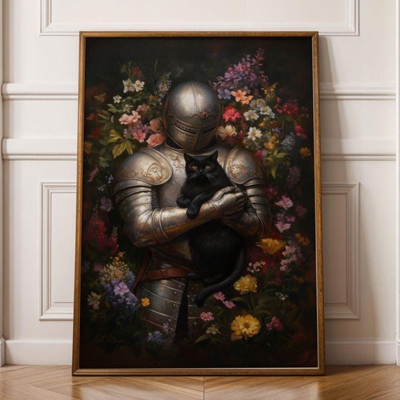 Medieval Knight And Black Cat Painting Fantasy Art Whimsical Decor Maximalist Floral