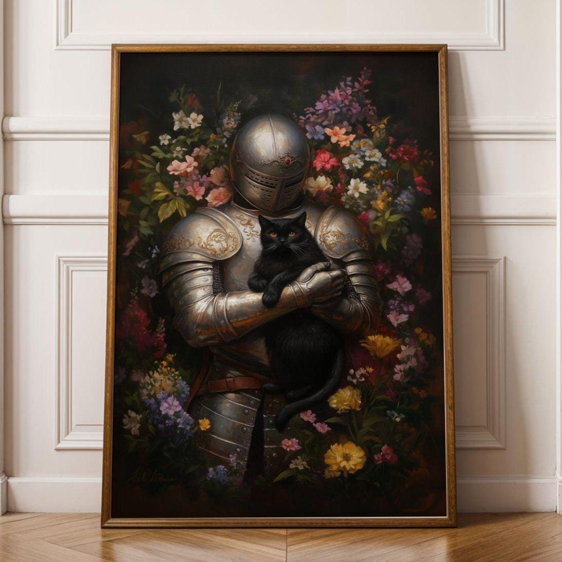 Medieval Knight And Black Cat Painting Fantasy Art Whimsical Decor Maximalist Floral