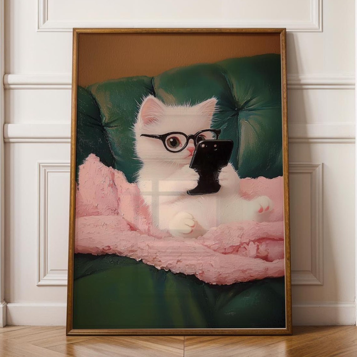 Cute Animal Wall Print Funny Whimsical Home Decor Adorable Cat With Smartphone White Art
