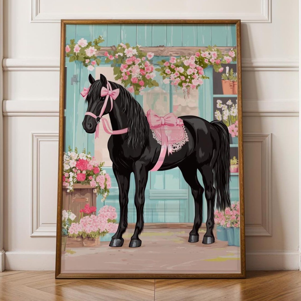 Black Horse With Pink Ribbons Floral Wall Decor For Bedrooms Trendy Animal Art Horse And Floral Black Horse Art Horse