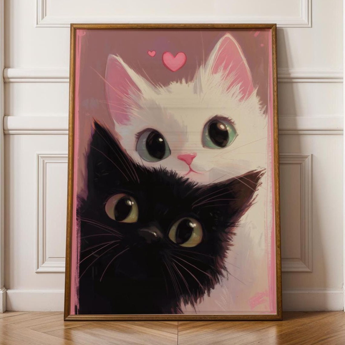 Cute Black and White Cat Faces Hearts Romantic Kitten Poster