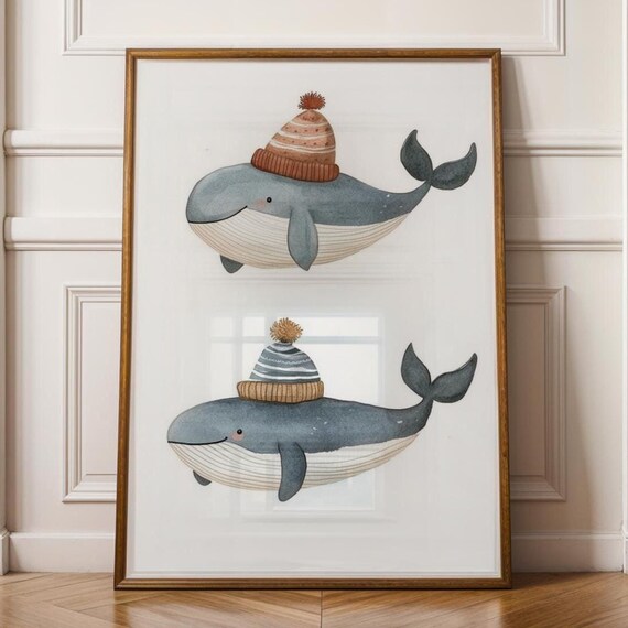 Two Whales Wearing Knit Hats Cute Nursery Watercolor Whale Wall Art
