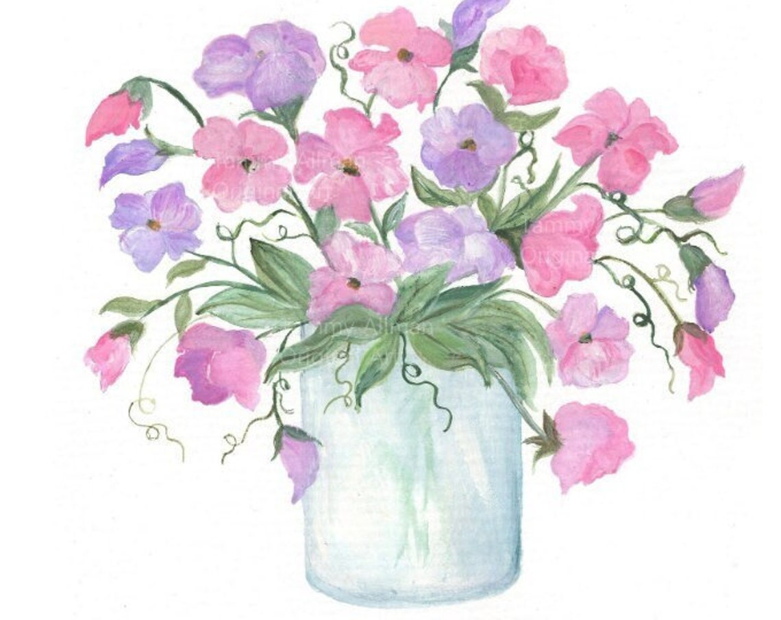 Pink and Lavender Sweet Pea Watercolor Bouquet in Glass Jar Poster - Image 4