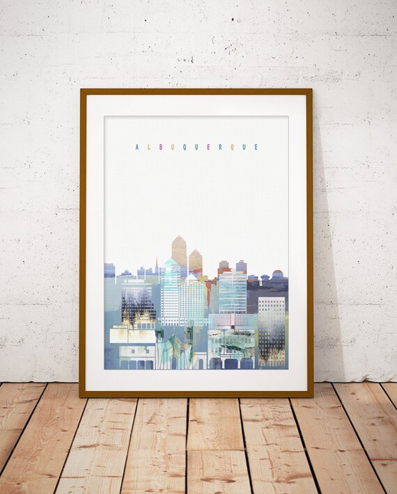 Albuquerque New Mexico Blue Watercolor Skyline Art Modern Home Decor Poster