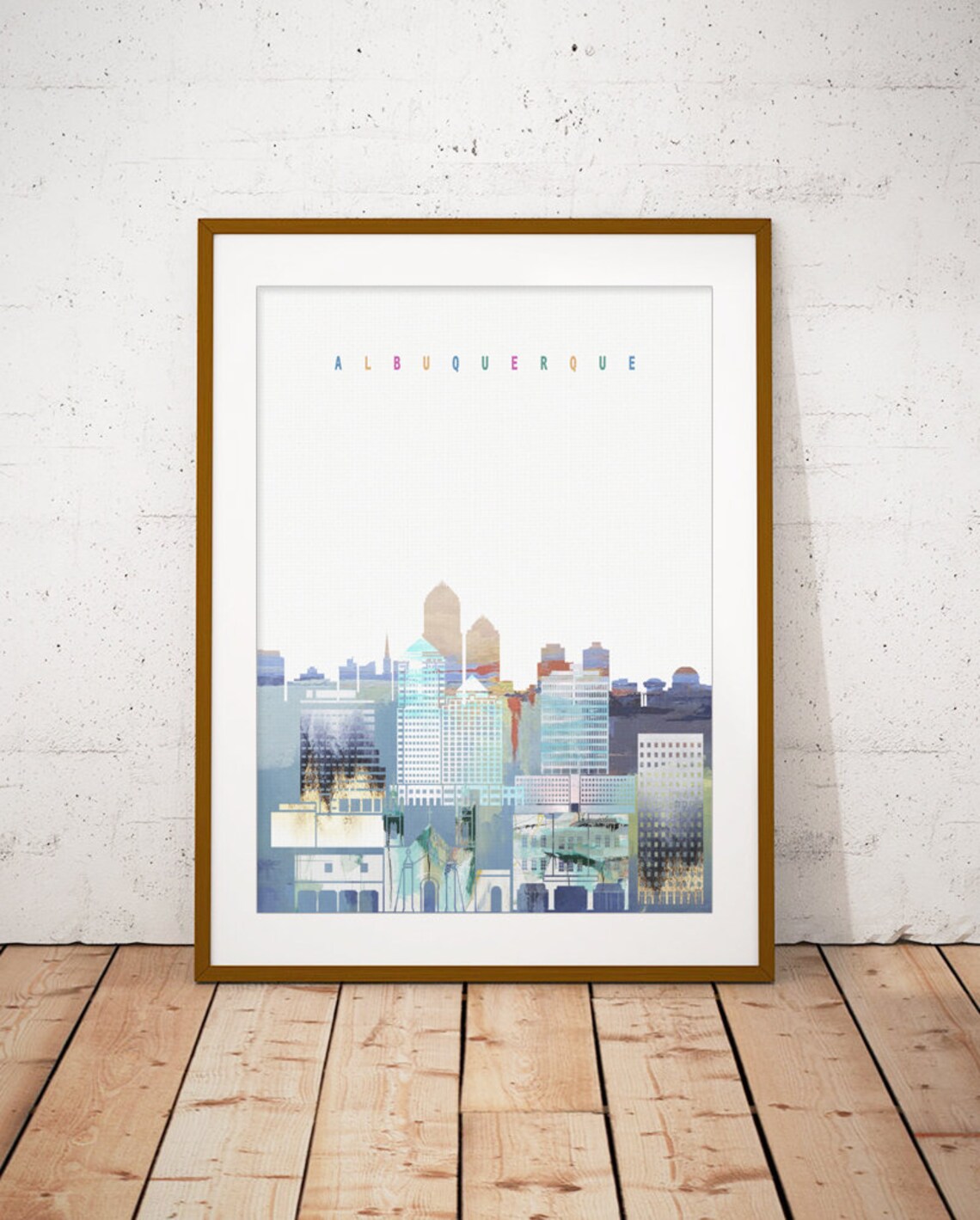 Albuquerque New Mexico Blue Watercolor Skyline Art Modern Home Decor Poster
