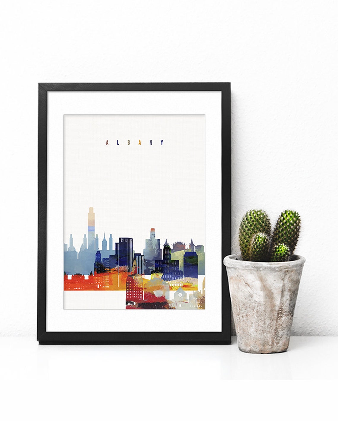 Vibrant Albany Watercolor Skyline Sunset Modern Home Decor Poster - Image 2