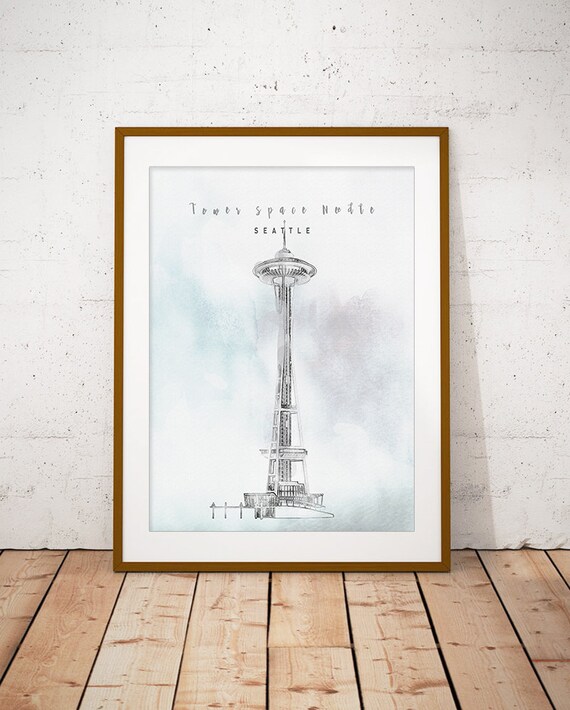 Seattle Washington Space Needle Pencil Sketch Watercolor Poster