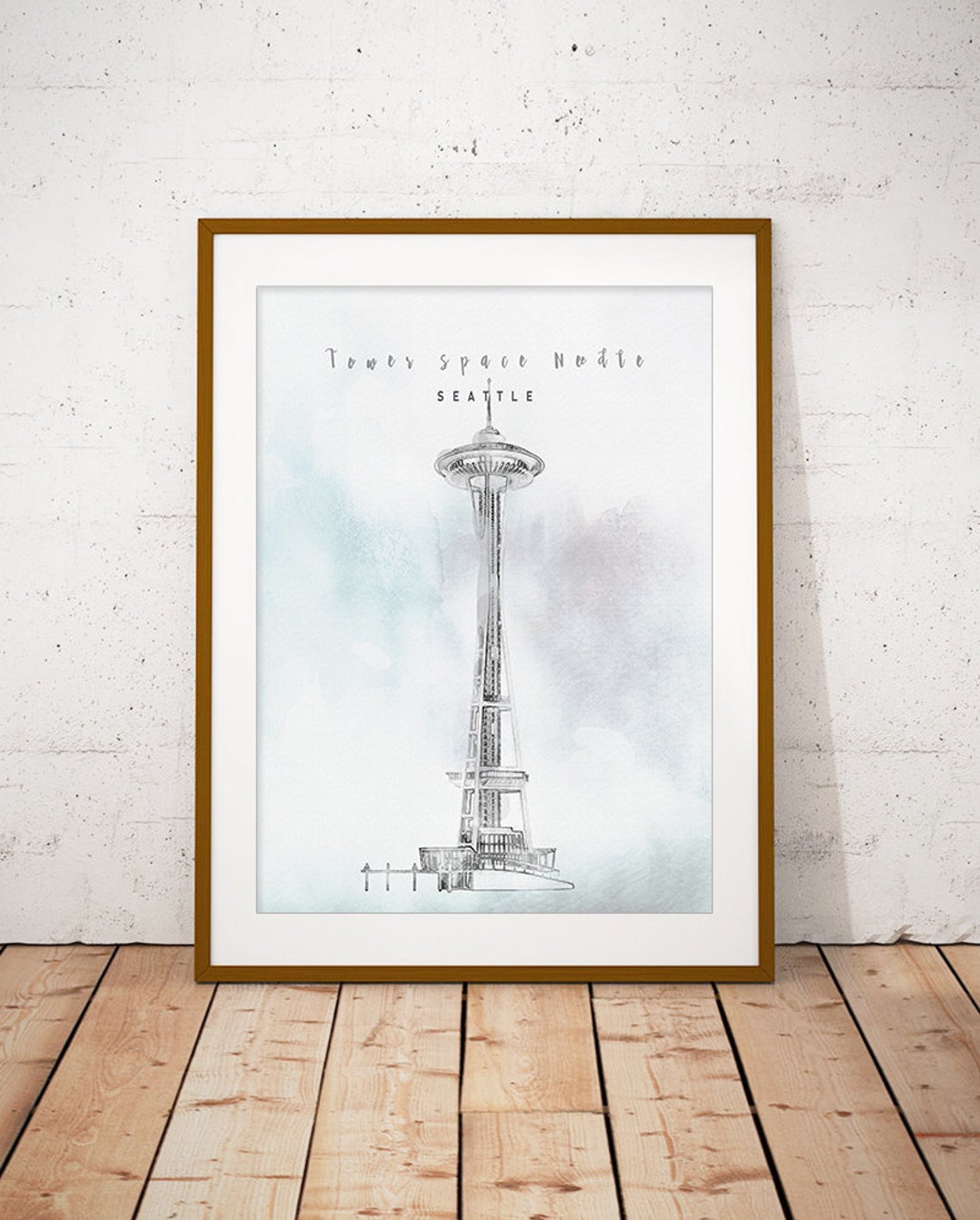 Seattle Washington Space Needle Pencil Sketch Watercolor Poster