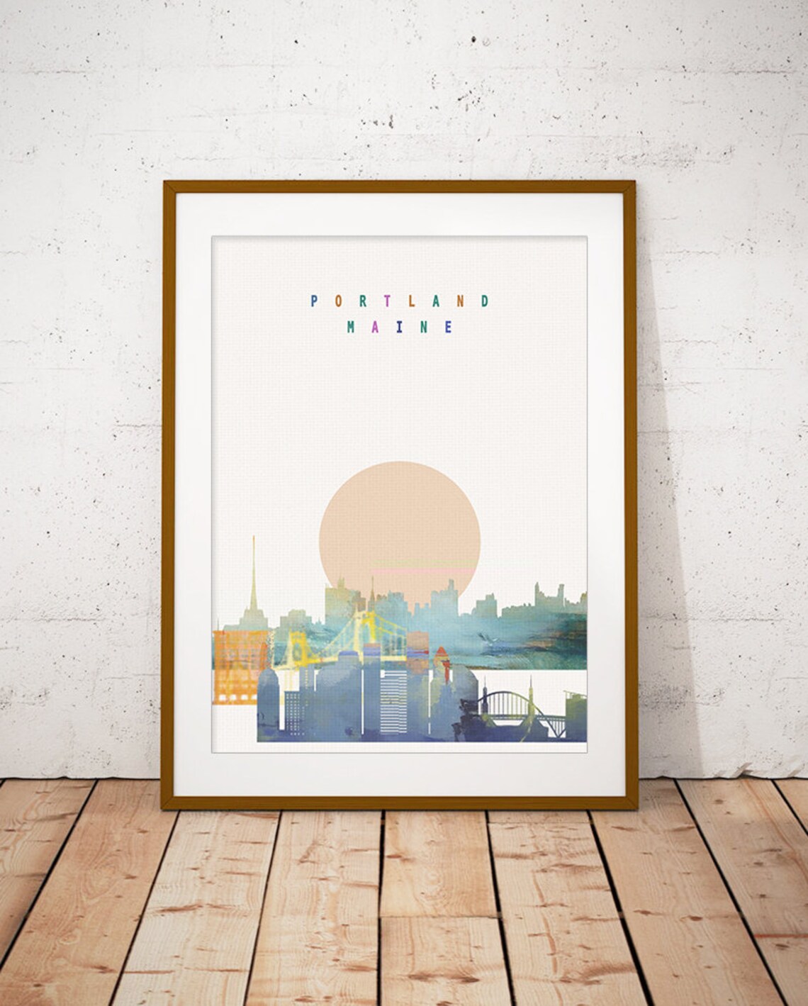 Portland Maine Waterfront Sunset Watercolor Skyline Poster Art