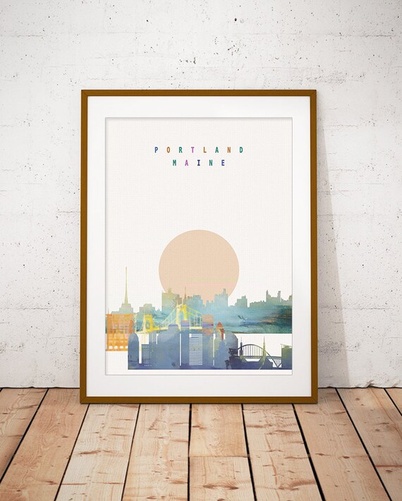 Portland Maine Waterfront Sunset Watercolor Skyline Poster Art