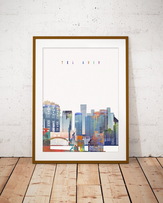Tel Aviv Israel Colorful Modern Watercolor City Skyline Poster
