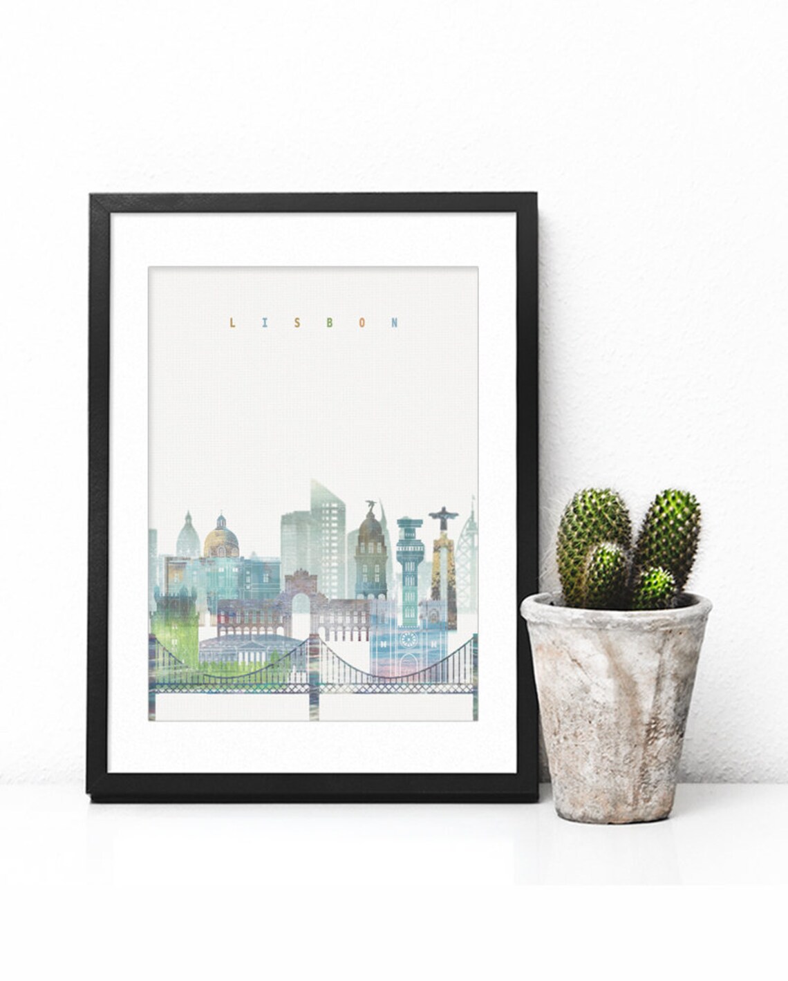Lisbon Portugal Watercolor Skyline Suspension Bridge Cityscape Poster - Image 2