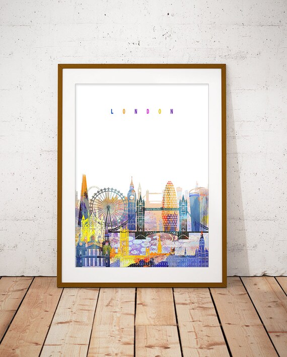 London Watercolor Skyline Landmarks Modern Home Decor Poster