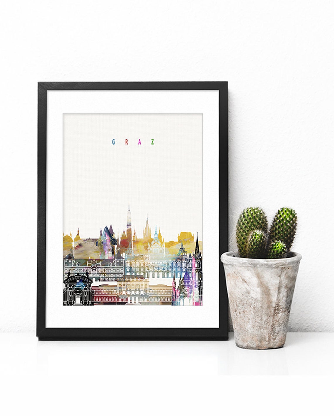 Graz Austria Colorful Watercolor City Skyline Landmarks Poster - Image 2