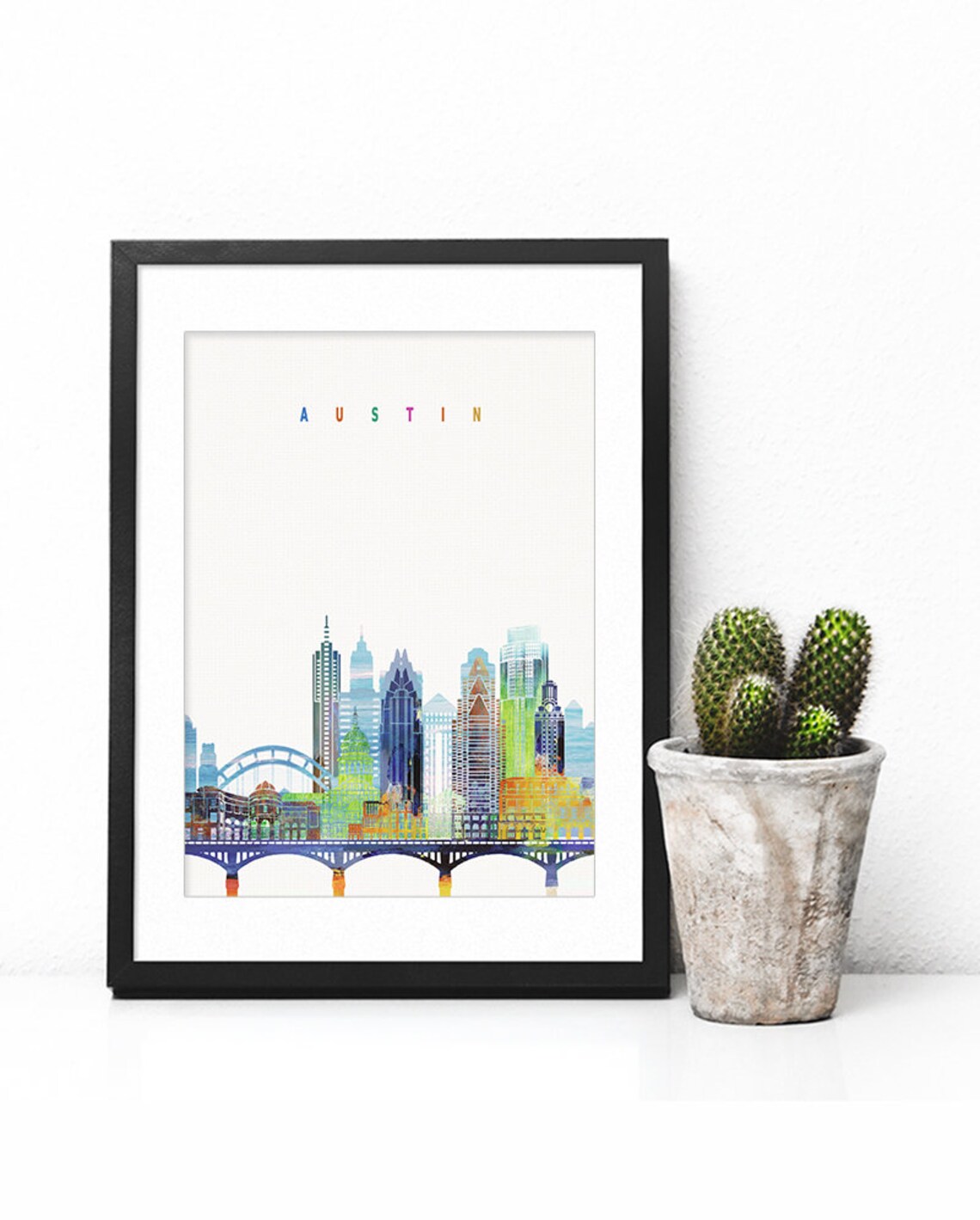 Austin Texas Bridge Watercolor Downtown Skyline Art Modern Home Decor Poster - Image 2