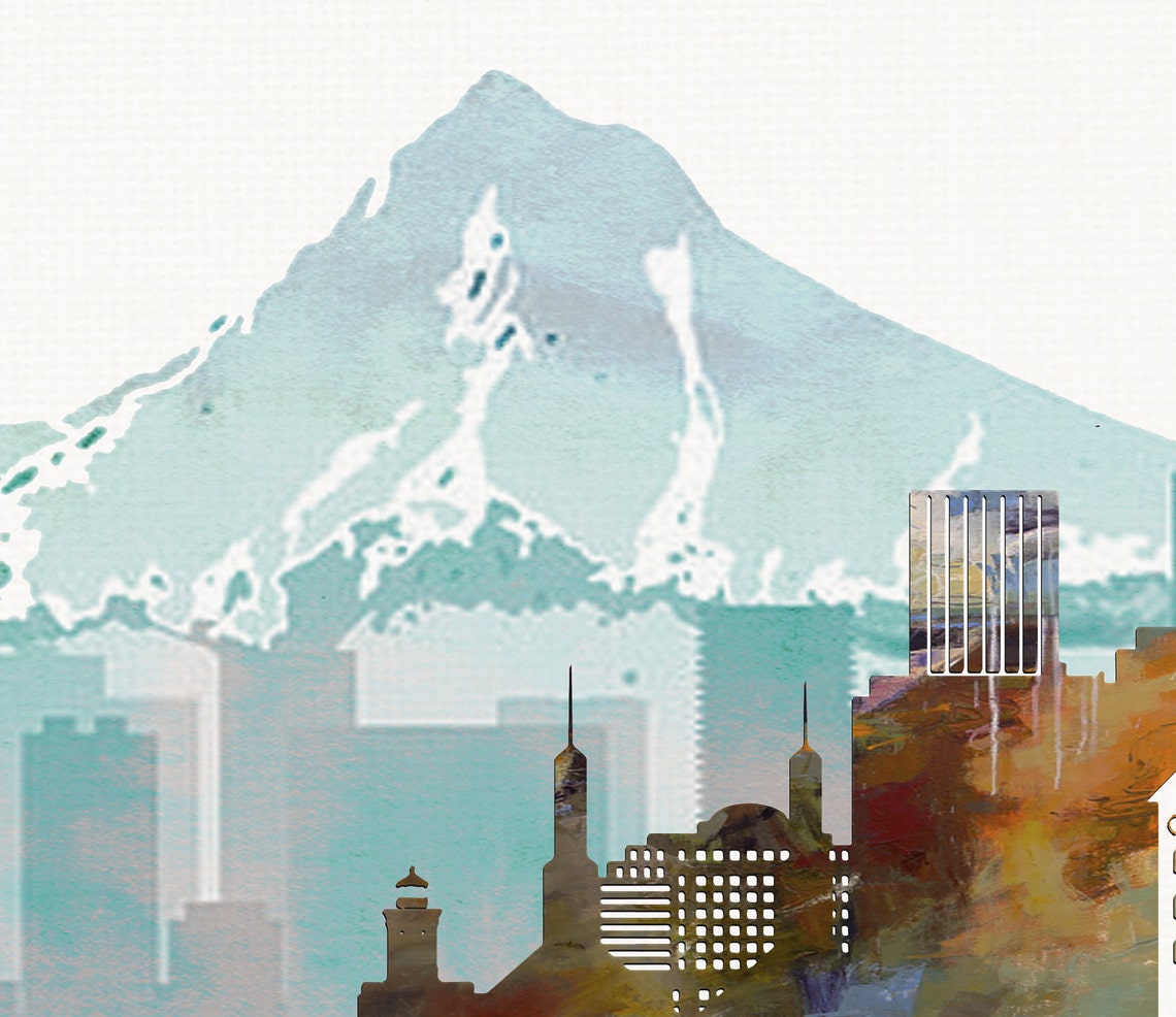 Portland Watercolor Skyline Mountain Bridge Home Decor Poster - Image 2