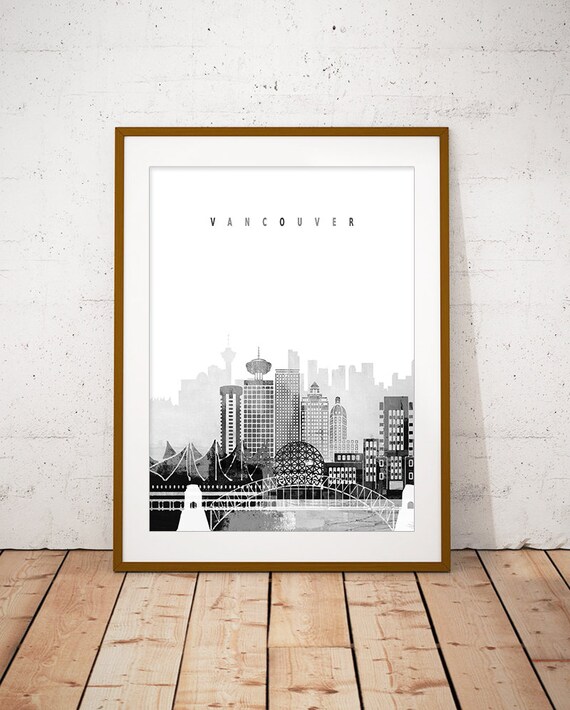 Vancouver Skyline Black And White Watercolor Cityscape Art Poster