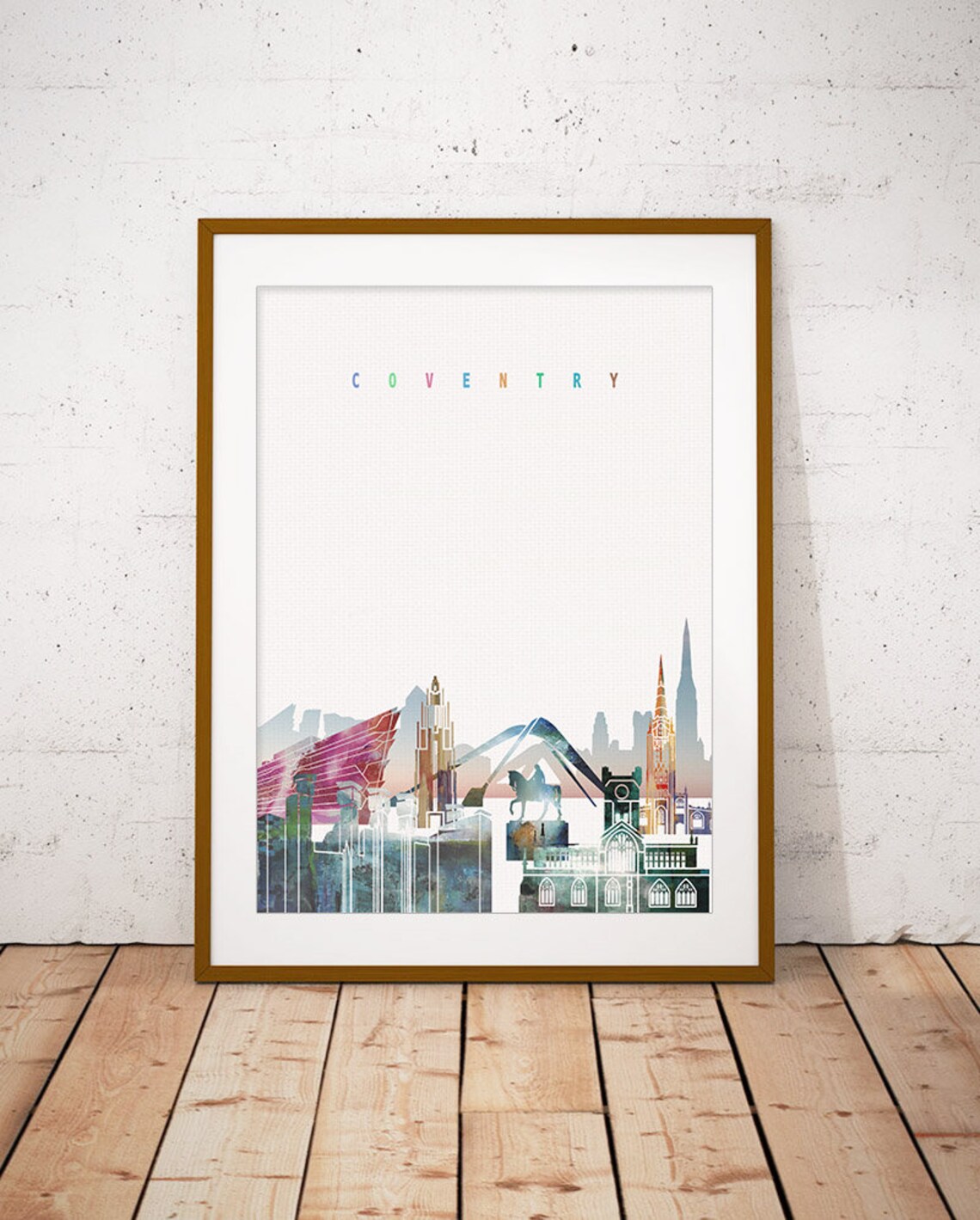Coventry England Colorful Modern Watercolor City Skyline Art Poster