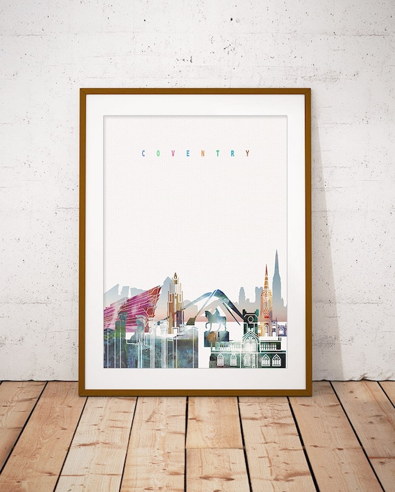 Coventry England Colorful Modern Watercolor City Skyline Art Poster