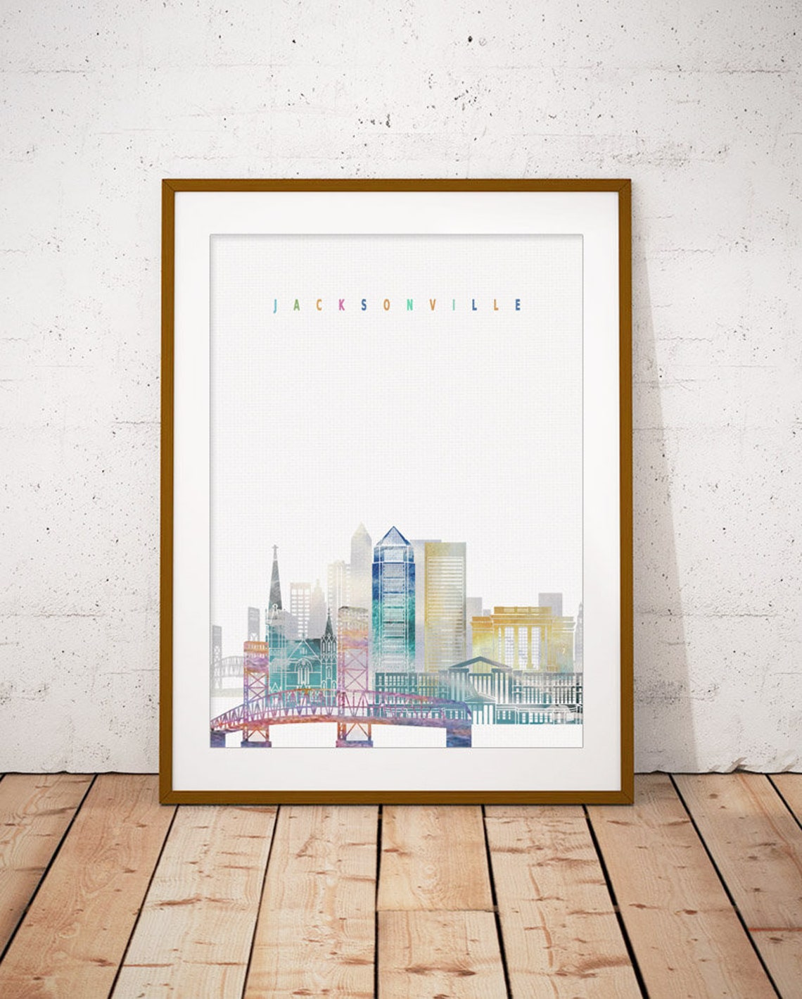 Jacksonville Florida Watercolor Skyline Bridge Cityscape Poster