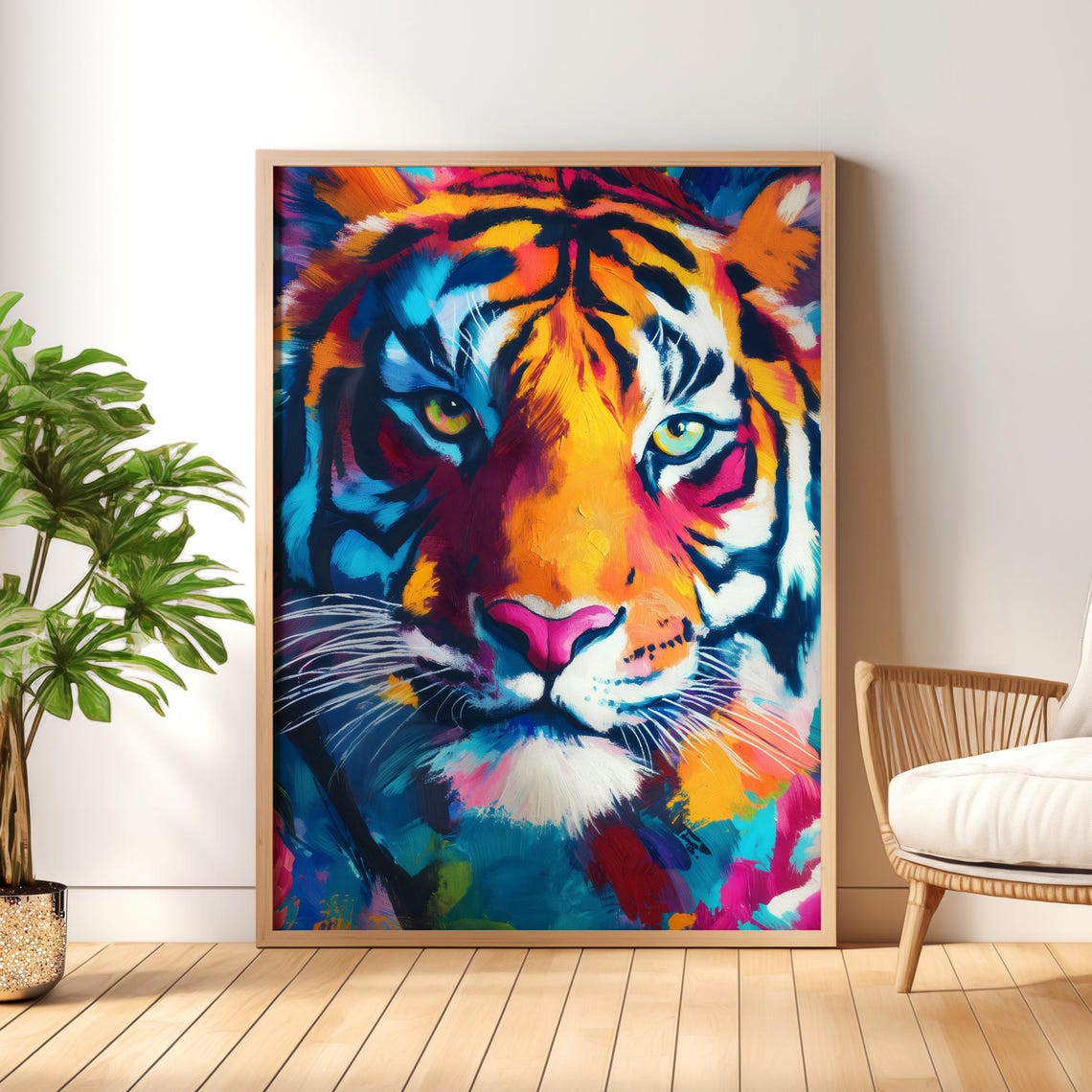 Tiger Face in Bright Colorful Abstract Paint Wildlife Poster