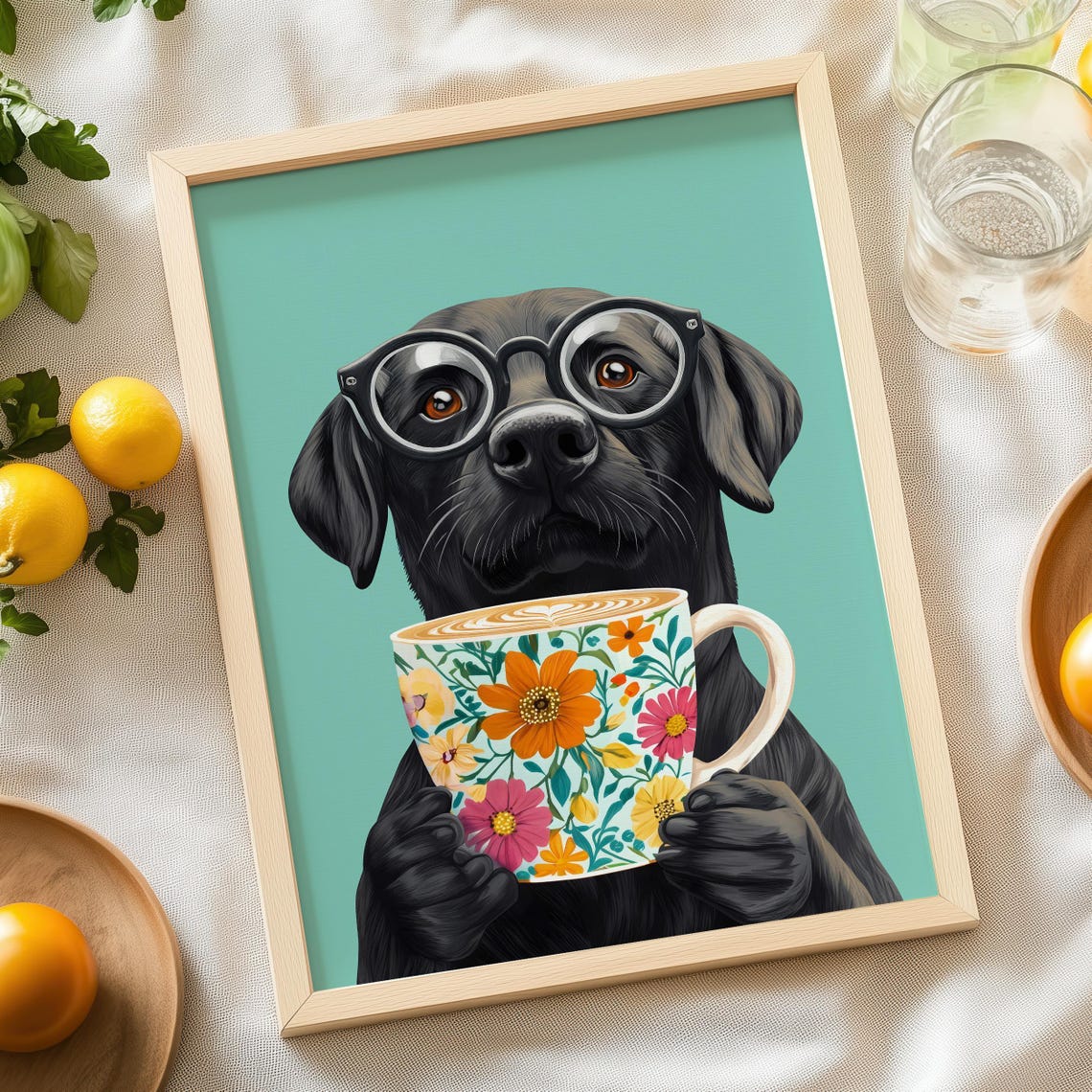 Black Labrador Wearing Glasses Holding a Floral Coffee Mug Poster - Image 6