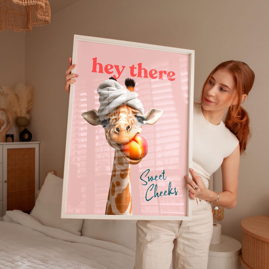 Hey There Sweet Cheeks Giraffe With a Peach on a Pink Poster - Image 4
