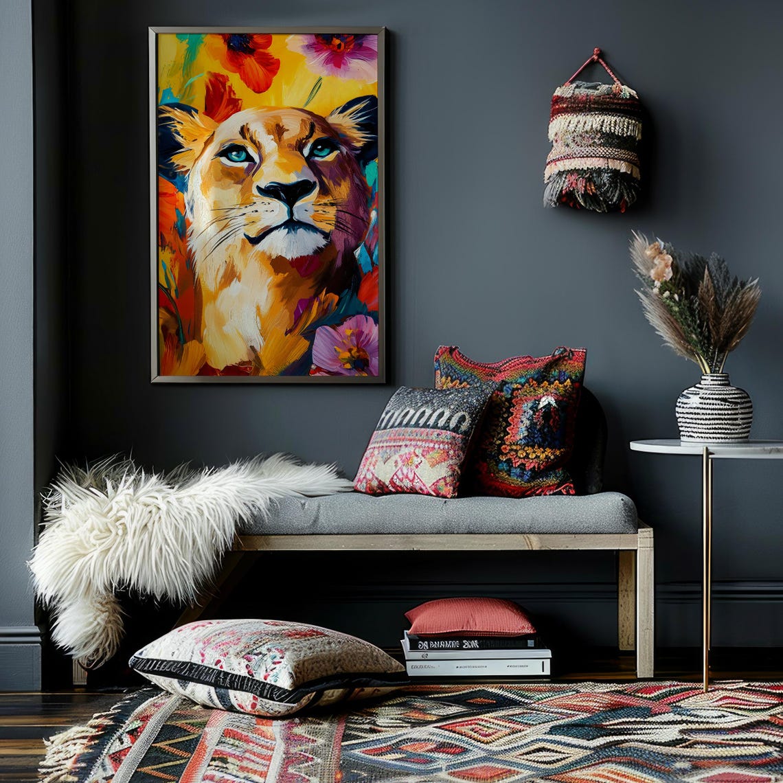 Lioness Portrait in Bold Colorful Paint With Blooming Flowers Poster - Image 2