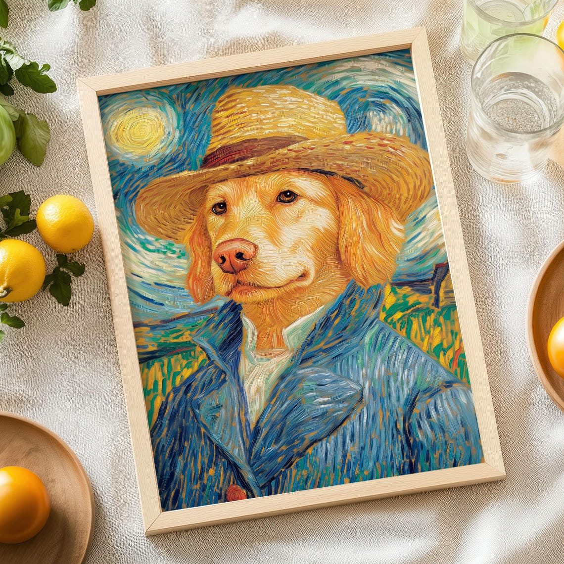 Golden Retriever Van Gogh Straw Hat Self Portrait Parody Art Poster - Image 2