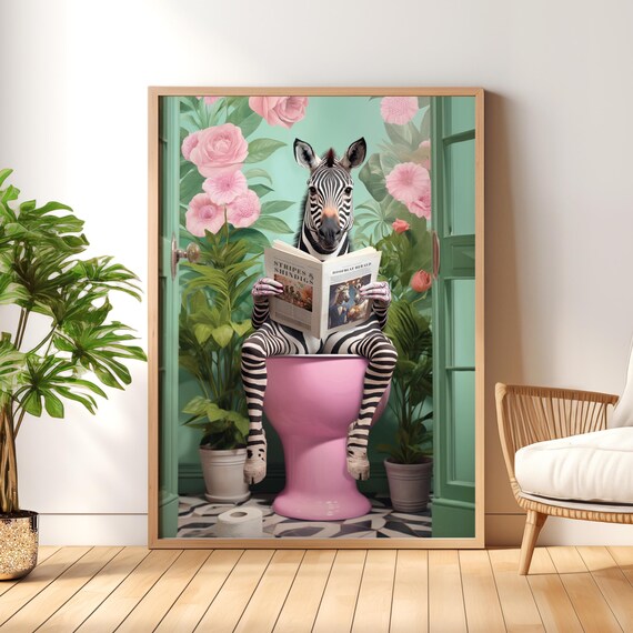 Zebra Reading the Paper on a Pink Toilet Botanical Bathroom Poster