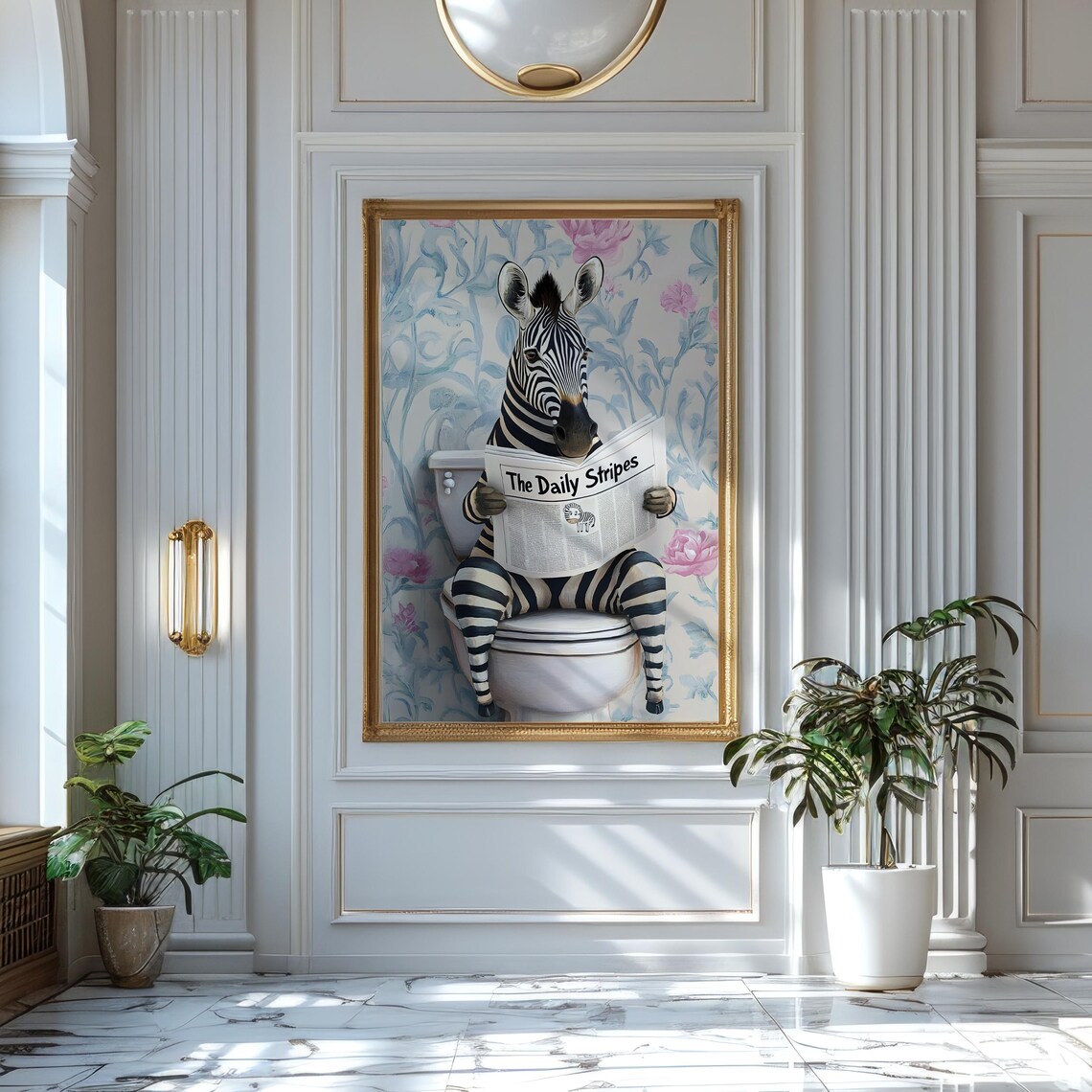 Zebra Reading The Daily Stripes on a Toilet With a Floral Wallpaper Poster - Image 7