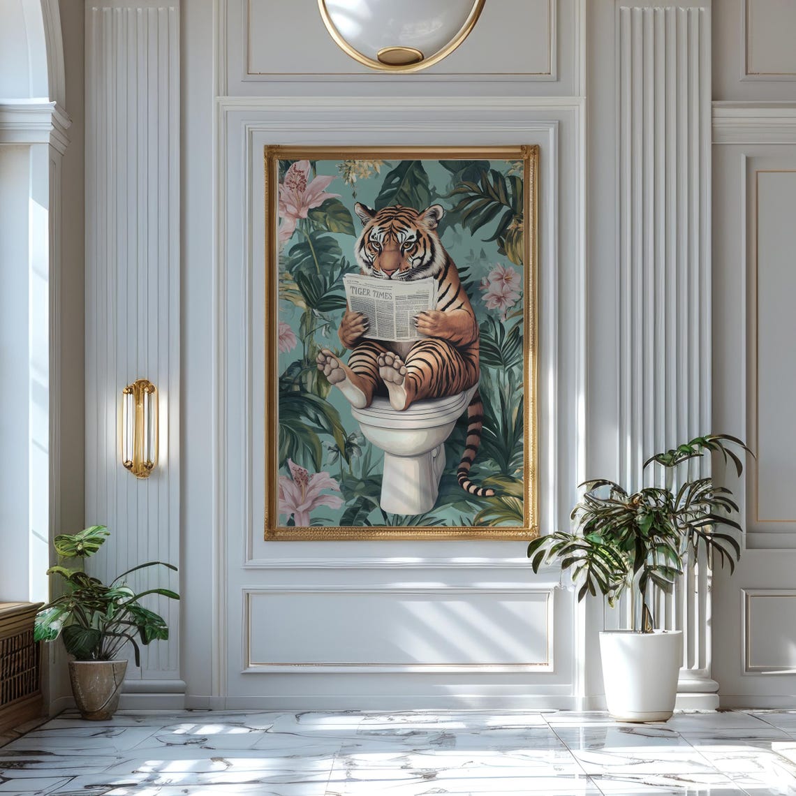 Tiger Sitting on a Toilet Reading Tiger Times Bathroom Poster - Image 2