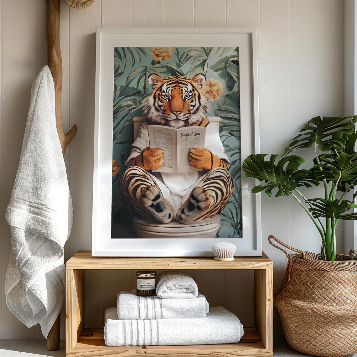 Tiger in a White Bathrobe Reading Stripes and Sass on a Toilet Poster - Image 3