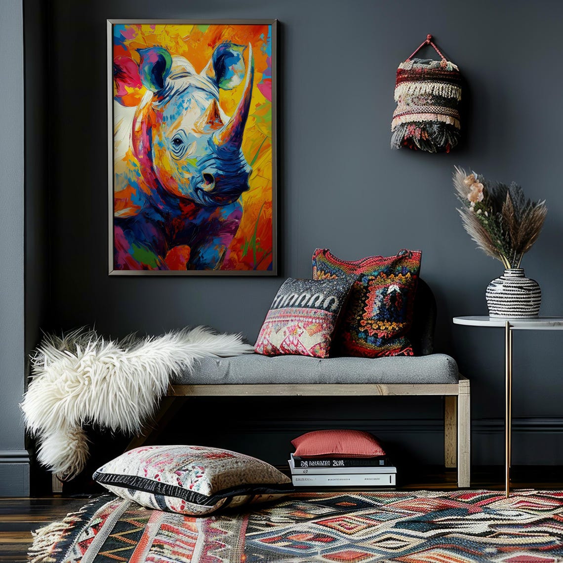 Rhinoceros in Bold Rainbow Abstract Paint Wild Animal Poster - Image 2