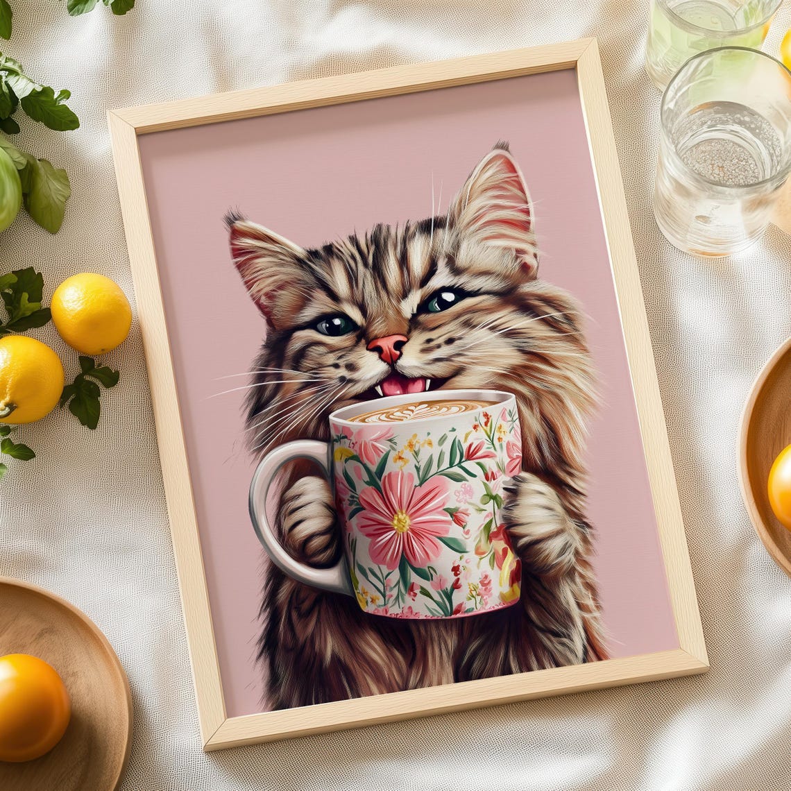 Smiling Tabby Cat Holding Floral Latte Mug On Blush Pink Poster - Image 6