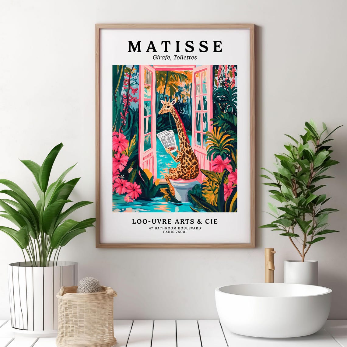 Matisse Style Giraffe Reading on a Pink Toilet Parody Art Poster - Image 3