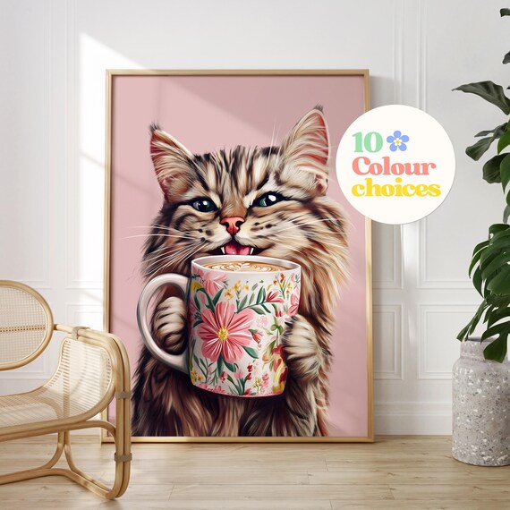 Smiling Tabby Cat Holding Floral Latte Mug On Blush Pink Poster