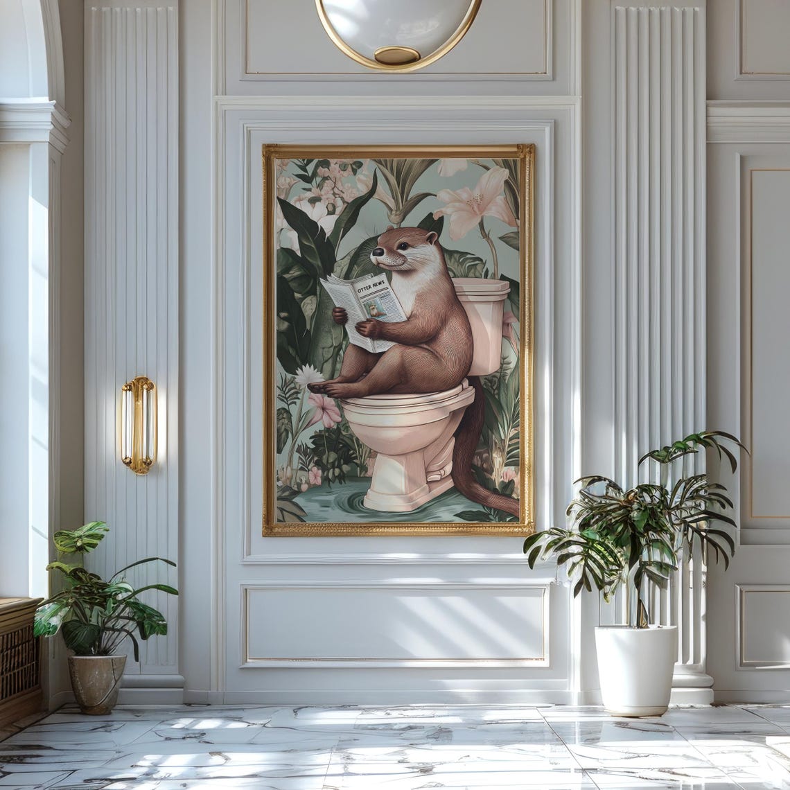Cute Otter on a Toilet Reading Otter News Floral Bathroom Poster - Image 2