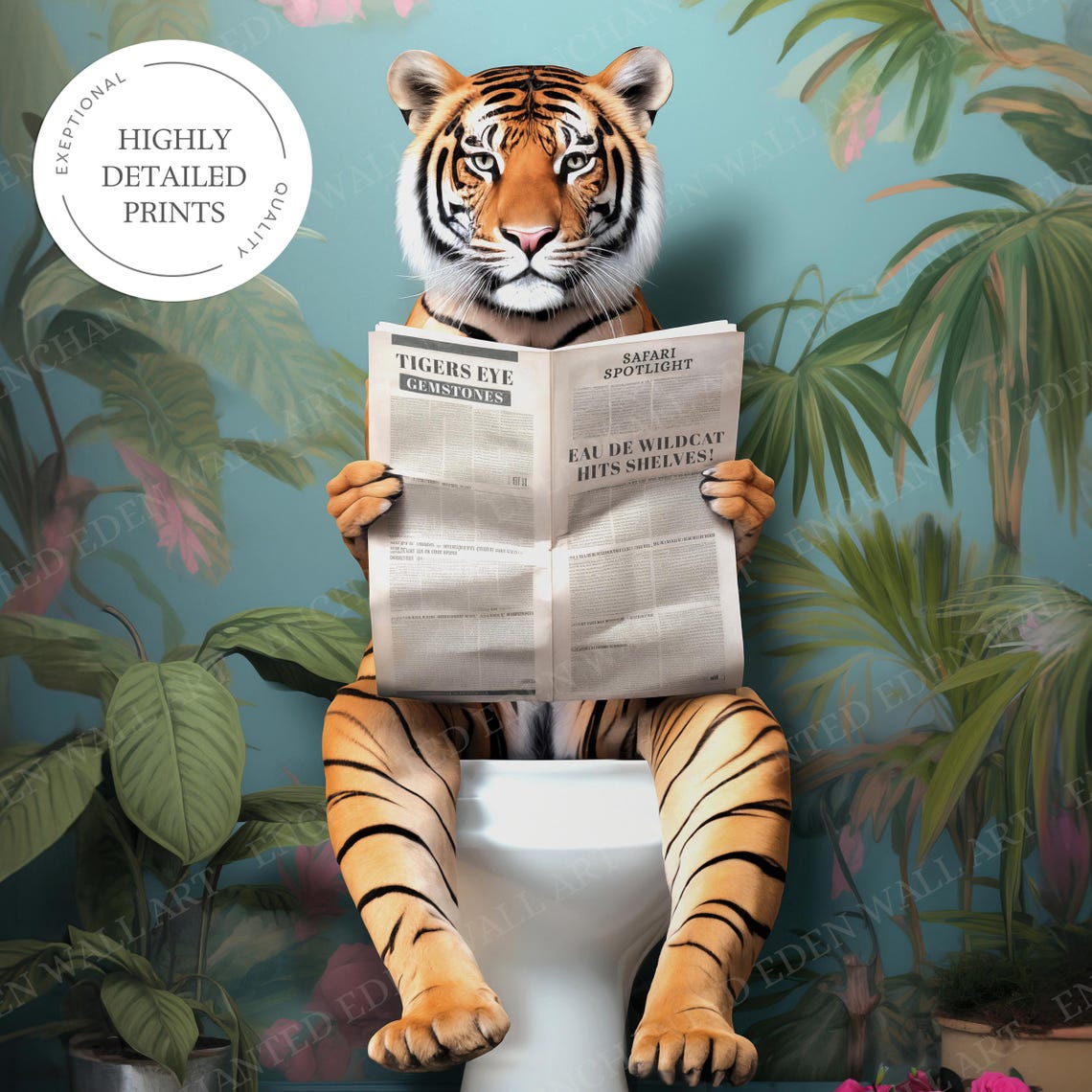 Tiger Reading the Paper on a Toilet in a Tropical Botanical Poster - Image 6