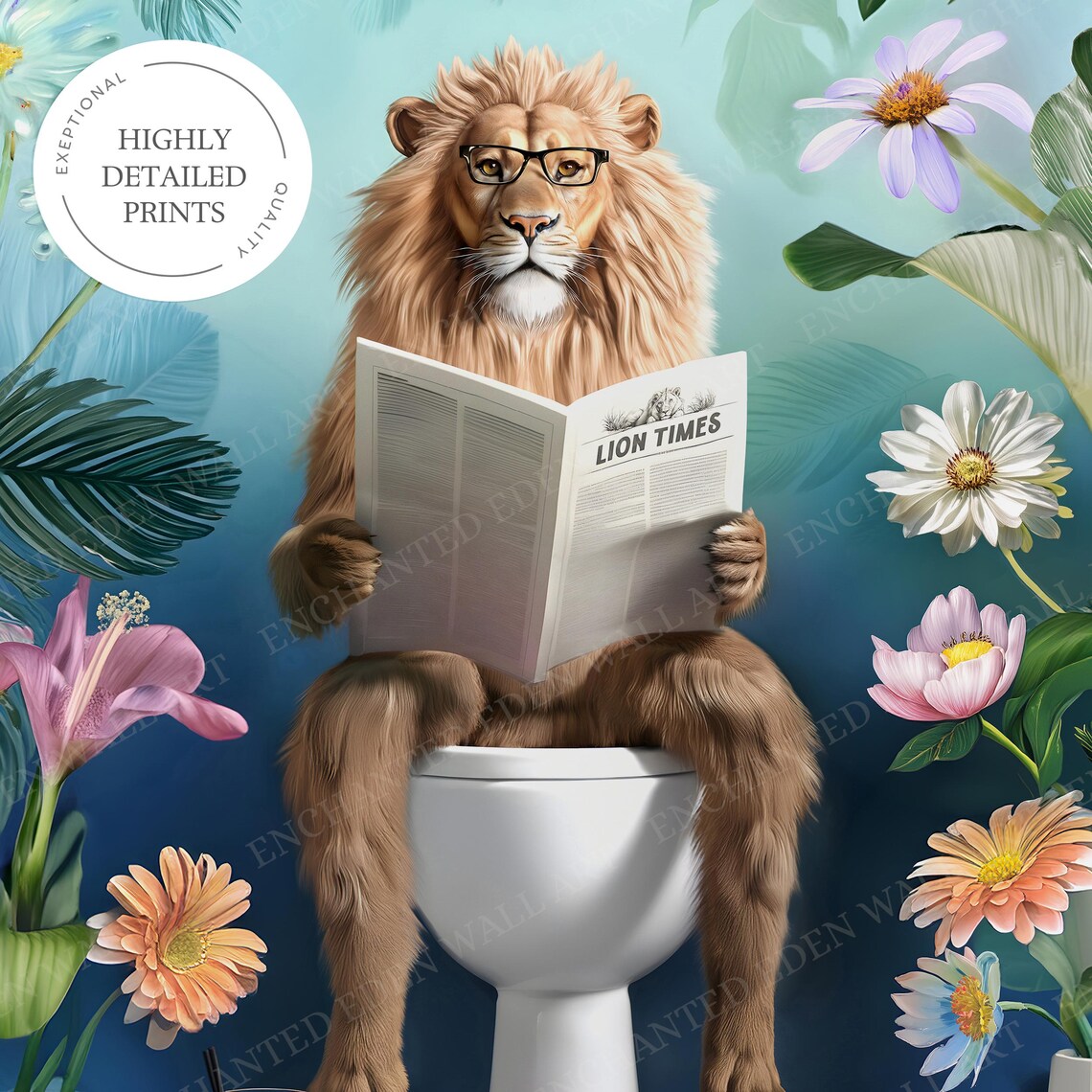 Lion in Glasses Reading the Lion Times on a Toilet Teal Poster - Image 6