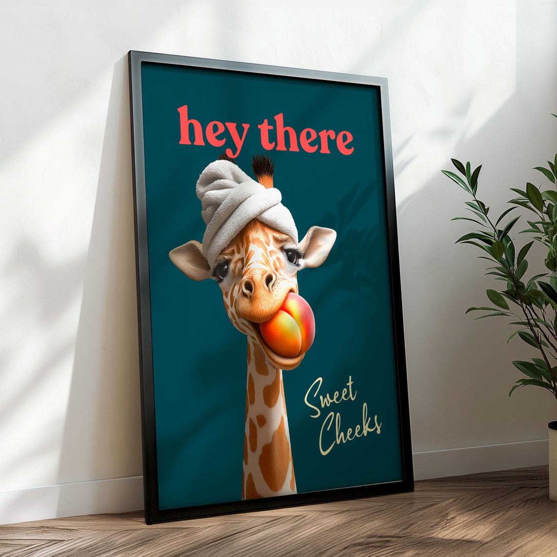 Hey There Sweet Cheeks Giraffe With a Peach on a Pink Poster - Image 2